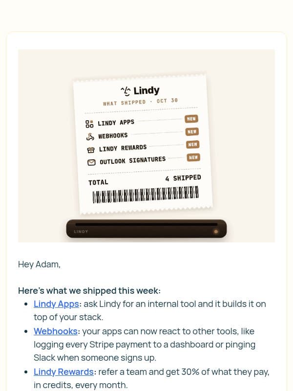 A few new things Lindy can do for you email from Lindy