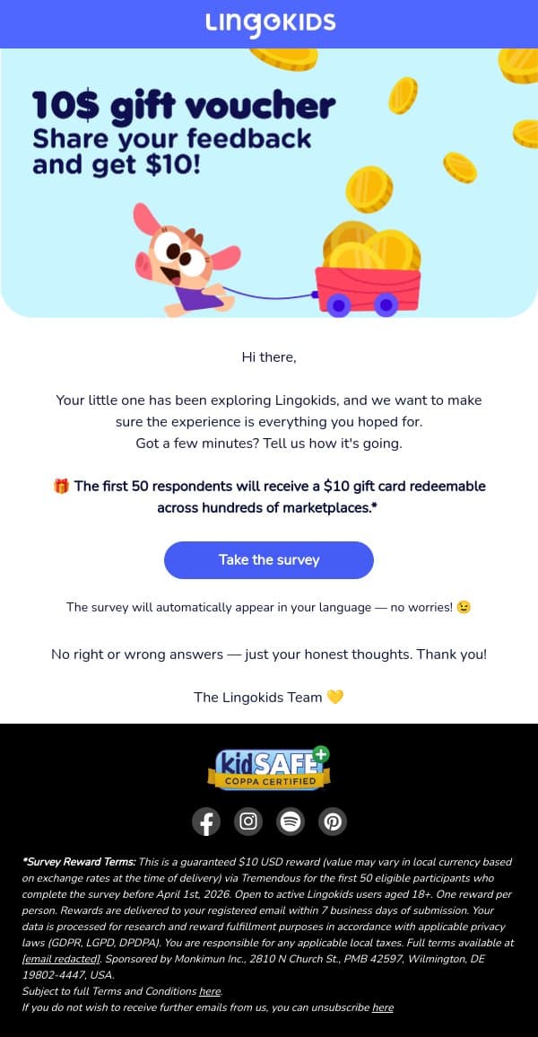π Last chance: $10 for your feedback email from Lingokids screenshot