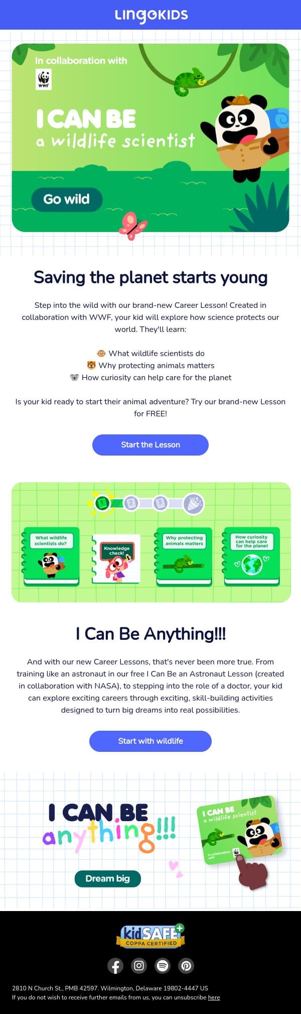 I Can Be a Wildlife Scientist! email from Lingokids screenshot