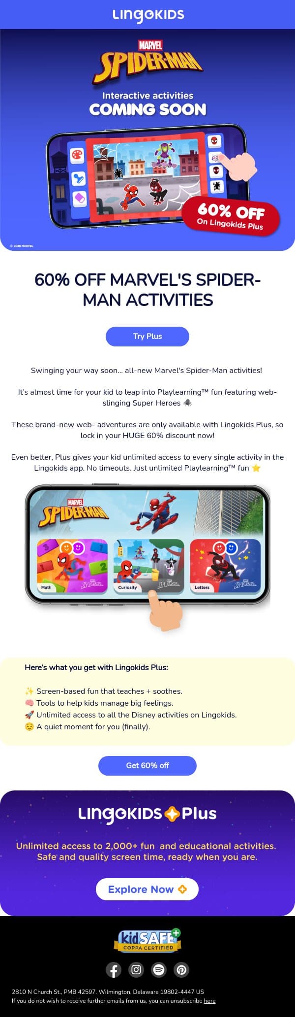 60% OFF Marvel's Spider-Man activities 🕷️ email from Lingokids screenshot