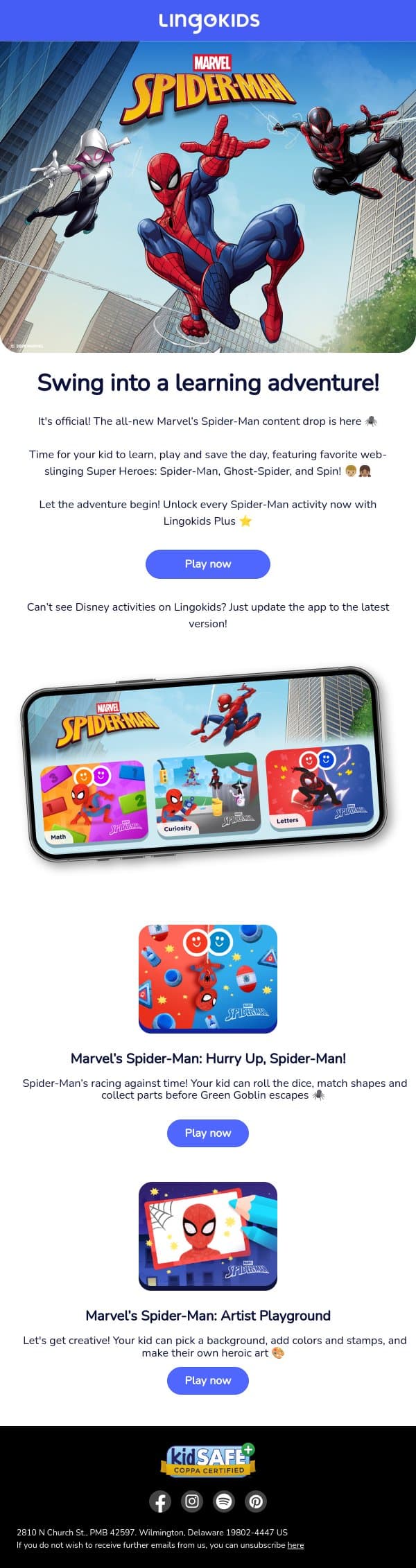 Marvel’s Spider-Man activities just dropped 🕷️ email from Lingokids screenshot
