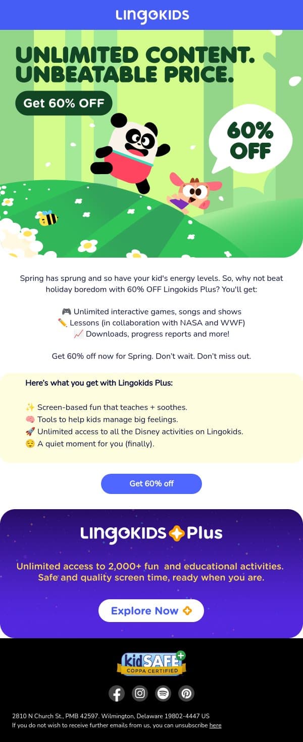 60% OFF. Time is ticking ⏰ email from Lingokids screenshot