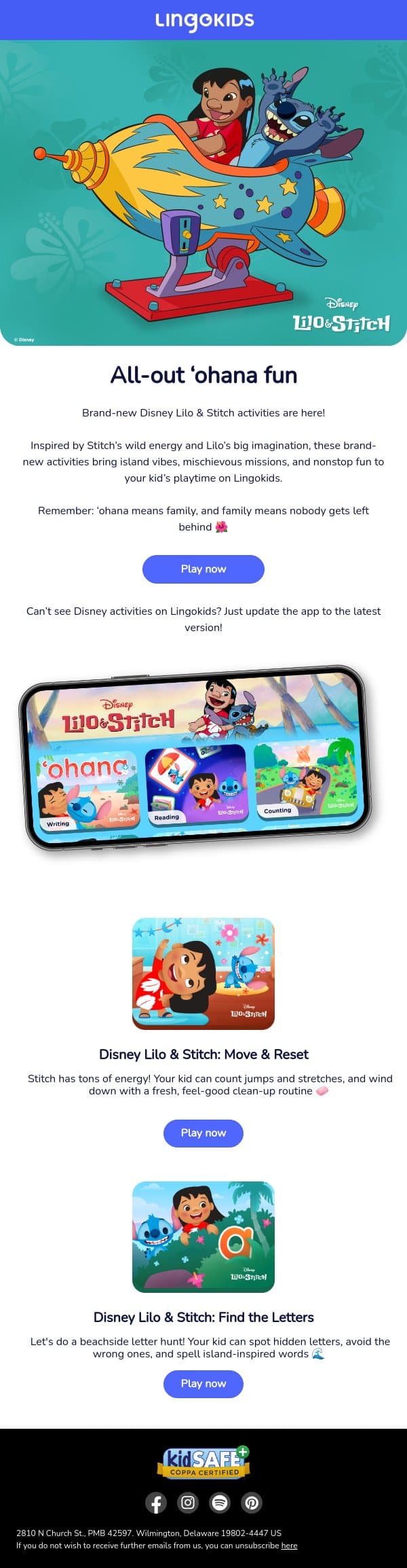 Disney Lilo & Stitch activities just landed ๐บ email from Lingokids screenshot