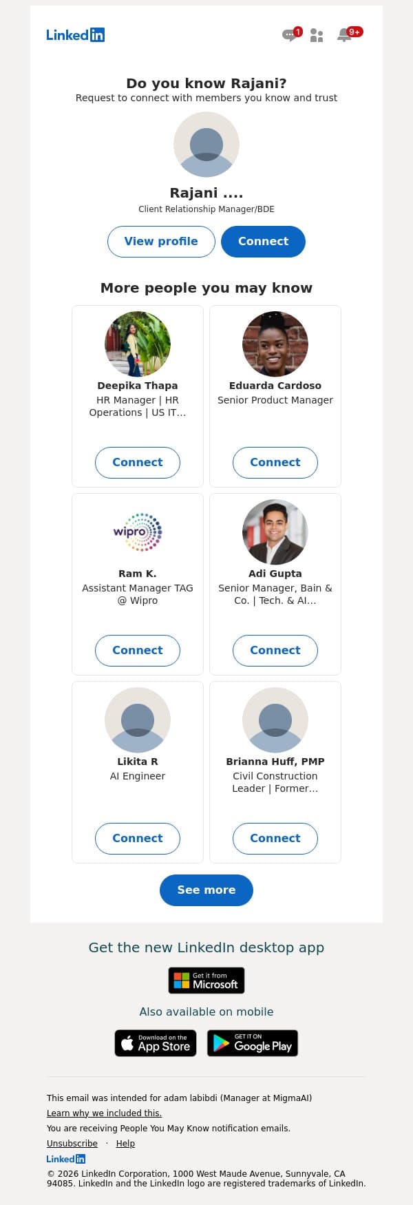 👤 adam, add Rajani .... email from LinkedIn screenshot