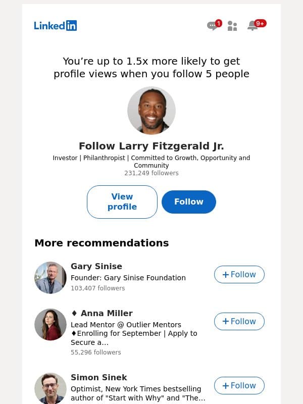 Larry Fitzgerald Jr., Co-Founder, is popular in your network email from LinkedIn