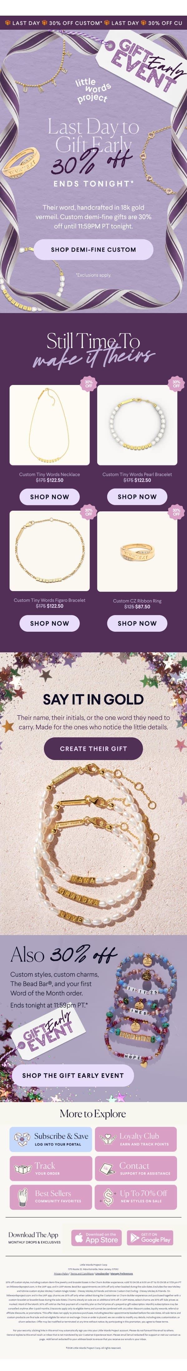 LAST DAY: 30% OFF CUSTOM GOLD 🎁 email from Little Words Project screenshot