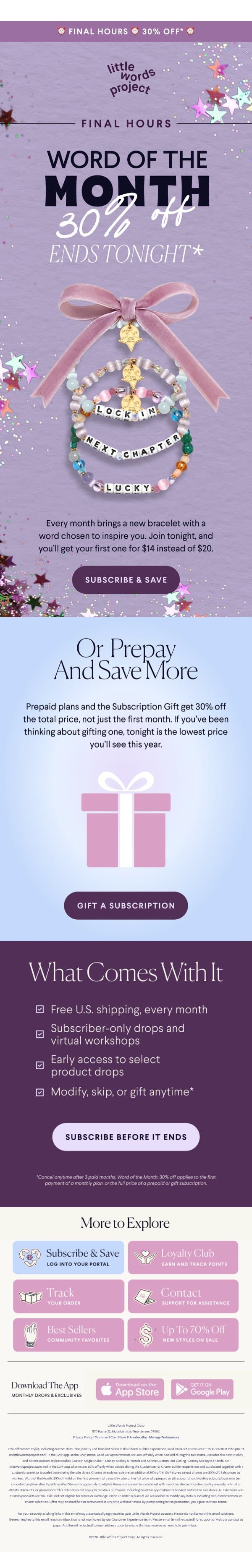 Final hours: Word of the Month is 30% off 💜 email from Little Words Project screenshot