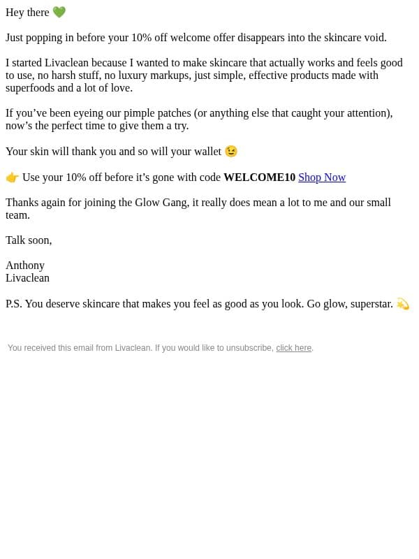 Your Discount Disappears Tonight! email from LivaClean screenshot