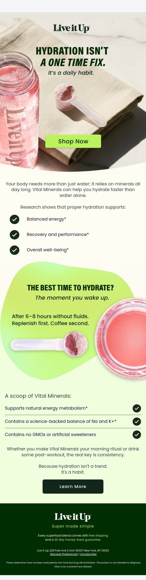 Staying hydrated? 💧 email from Live it Up Super Greens screenshot