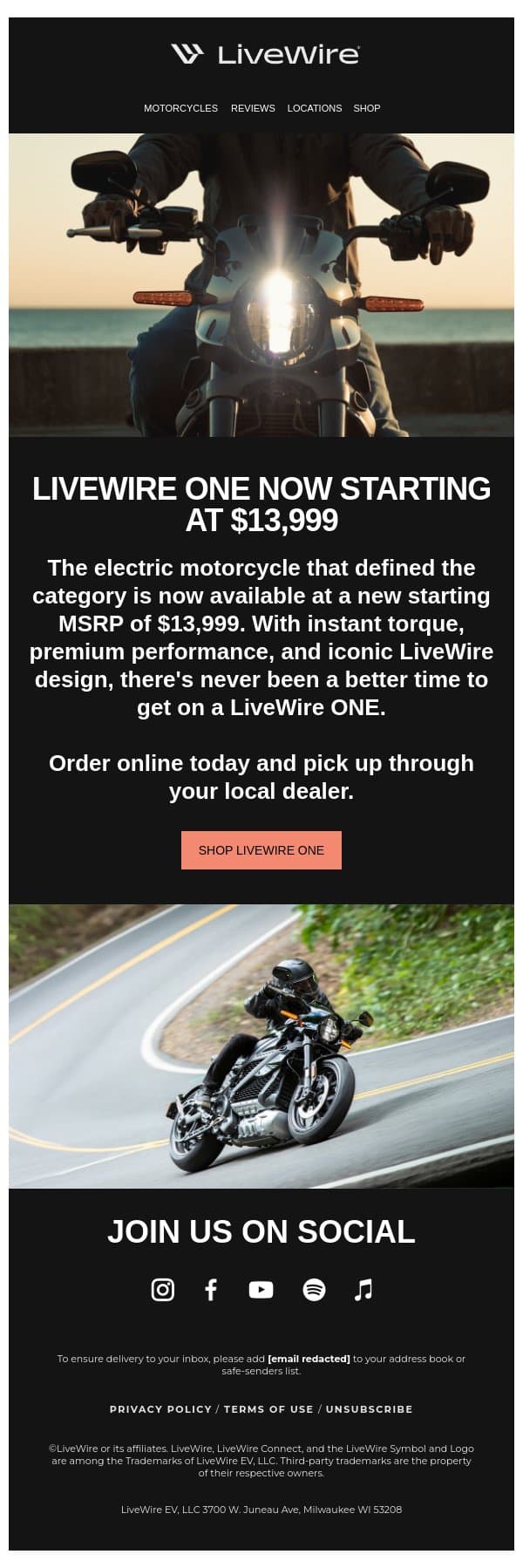 New MSRP. Same legendary performance: LiveWire ONE is now $13,999 email from LiveWire screenshot