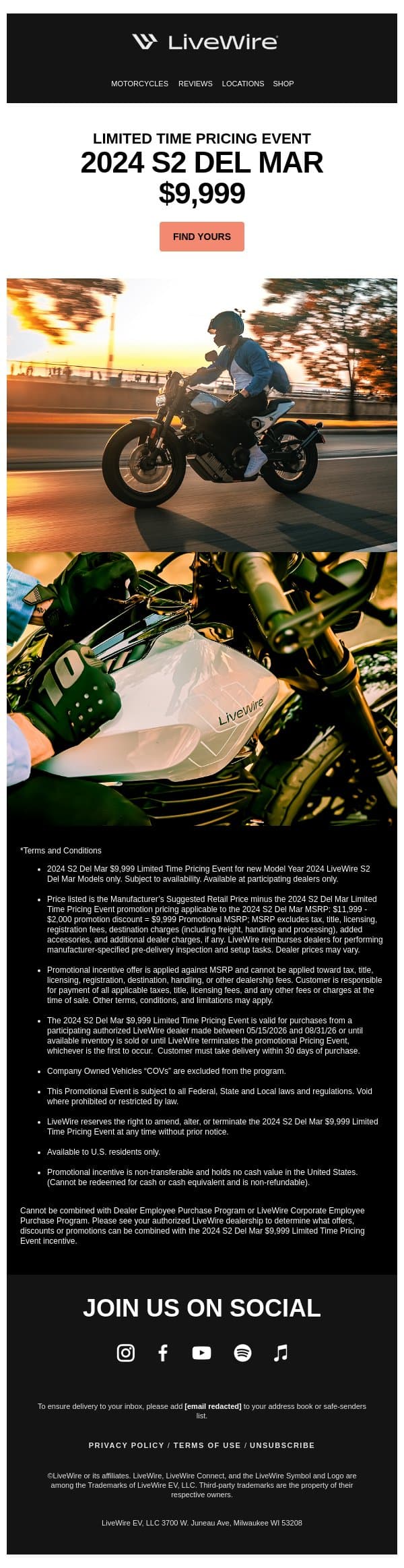 📣 2024 S2 Del Mar® $9,999* email from LiveWire screenshot