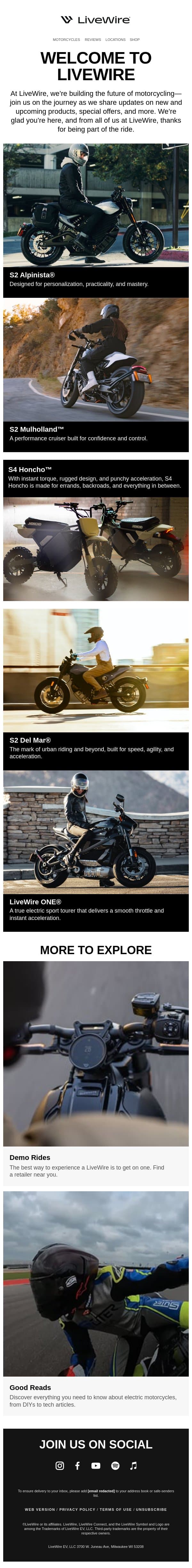 Welcome to LiveWire Electric Motorcycles email from LiveWire screenshot