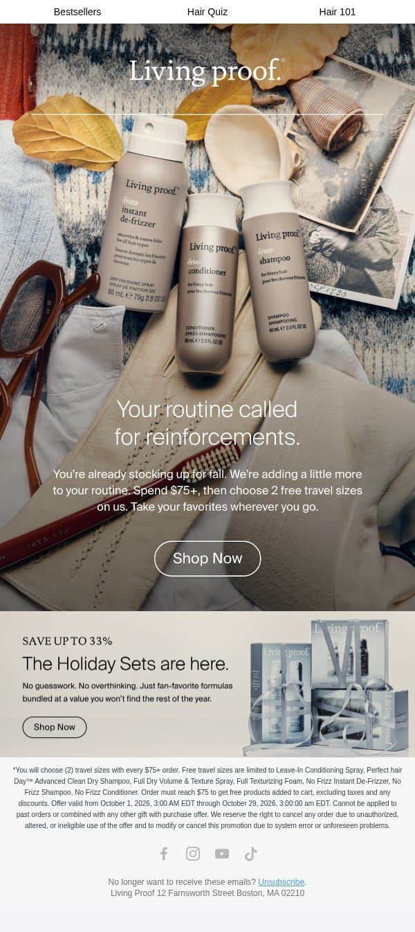 Choose 2 free travel sizes. email from Living Proof screenshot