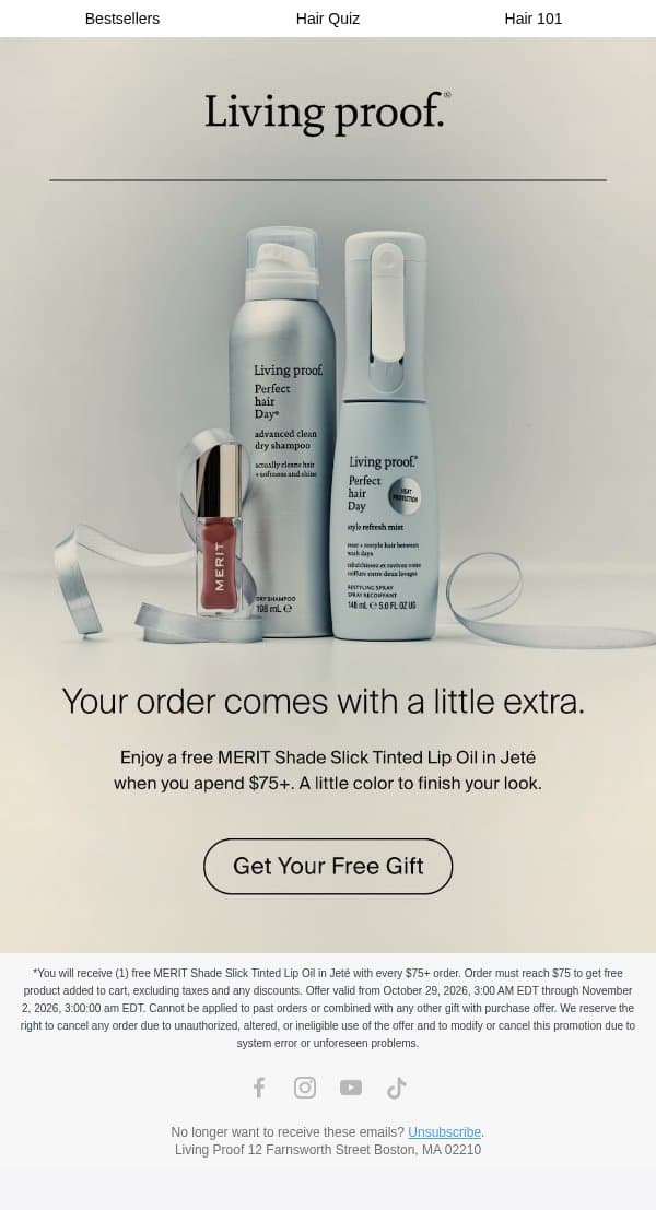 Enjoy a free gift from MERIT. email from Living Proof screenshot