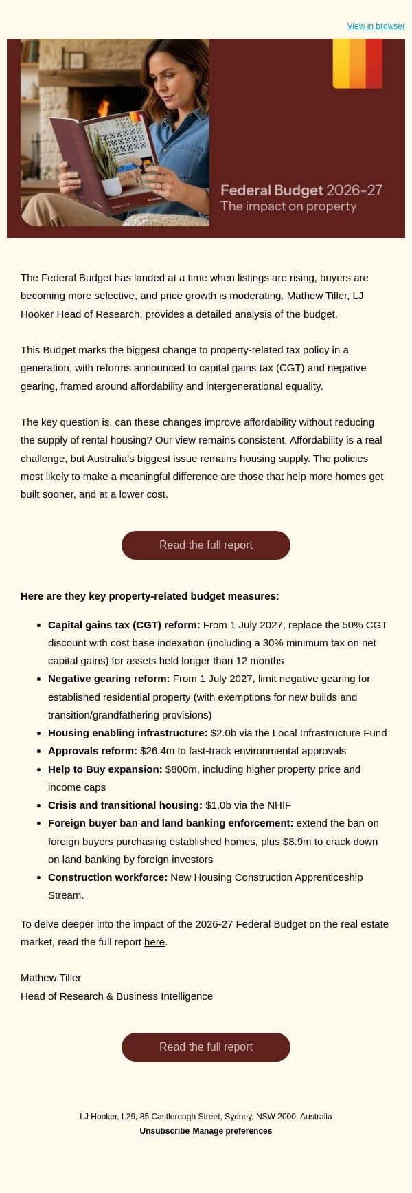 Federal Budget Review 2026-27 email from LJ Hooker screenshot