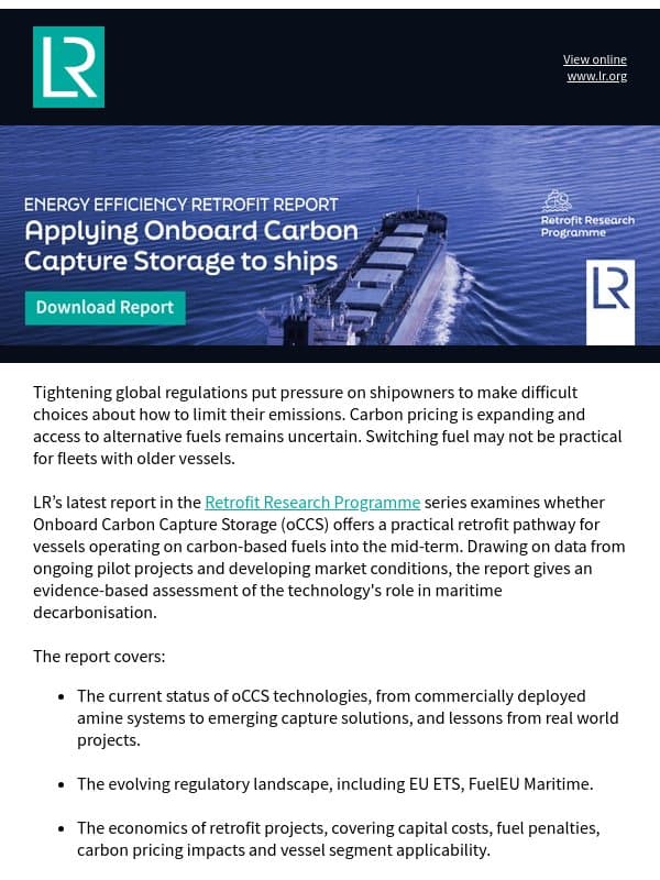 Applying Onboard Carbon Capture and Storage to Ships - New Retrofit Research Programme report email from Lloyd's Register