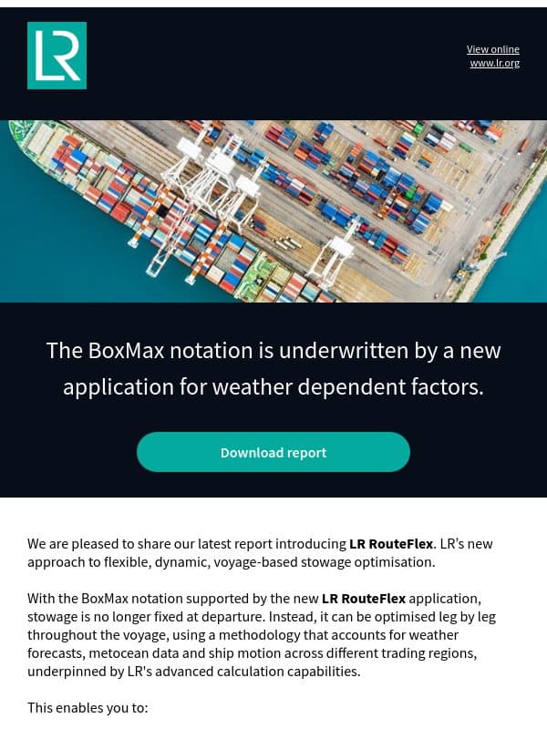 Updated report: Flexible voyage -based stowage optimisation with LR RouteFlex email from Lloyd's Register