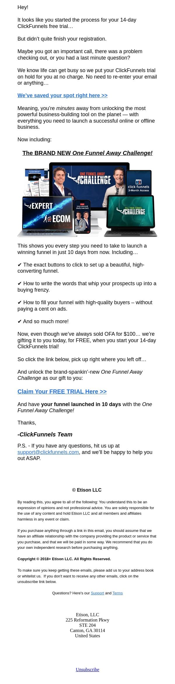 Problem with your trial… email from LMCT Giveaway screenshot