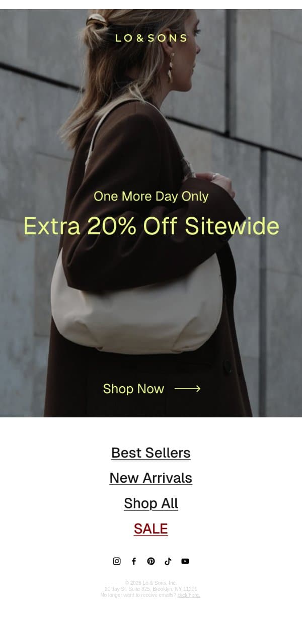 Extended! EXTRA 20% OFF EVERYTHING email from Lo & Sons screenshot