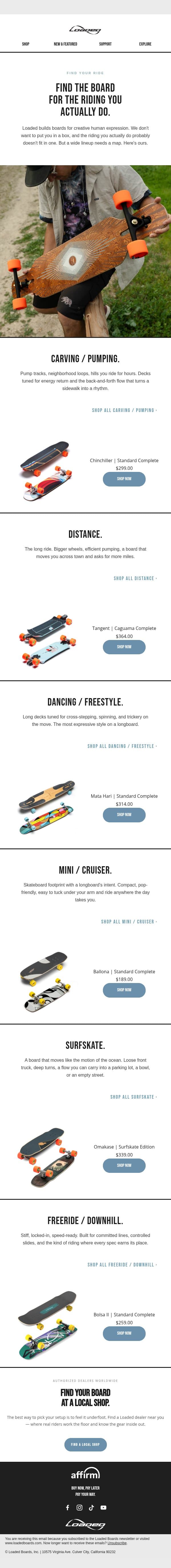 Find the board for the riding you actually do. email from Loaded Boards screenshot