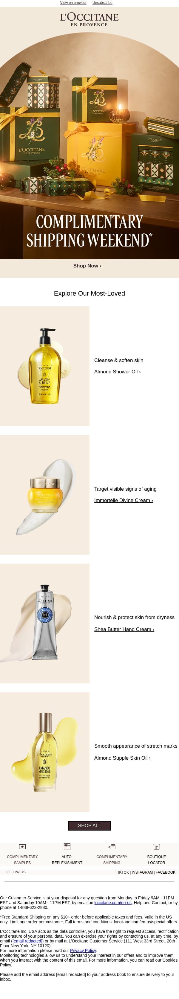 Complimentary Shipping Is Here email from L'Occitane screenshot