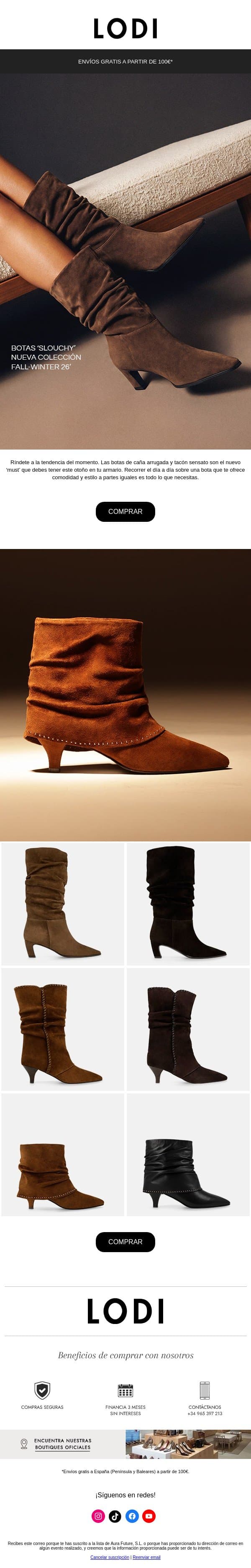 Botas arrugadas y de tacón sensato email from Lodi Shoes screenshot
