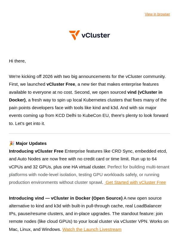 🚀 vCluster Insights - February 2026: vCluster Free, vCluster in Docker, GPU Deep Dives & Events Lined Up email from Loft Labs