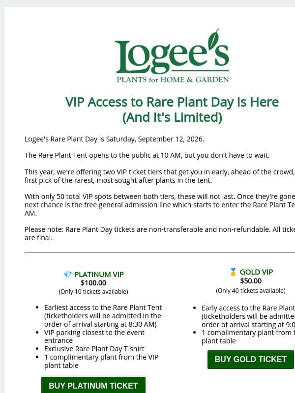 Rare Plant Day VIP Access email from Logee's Plants