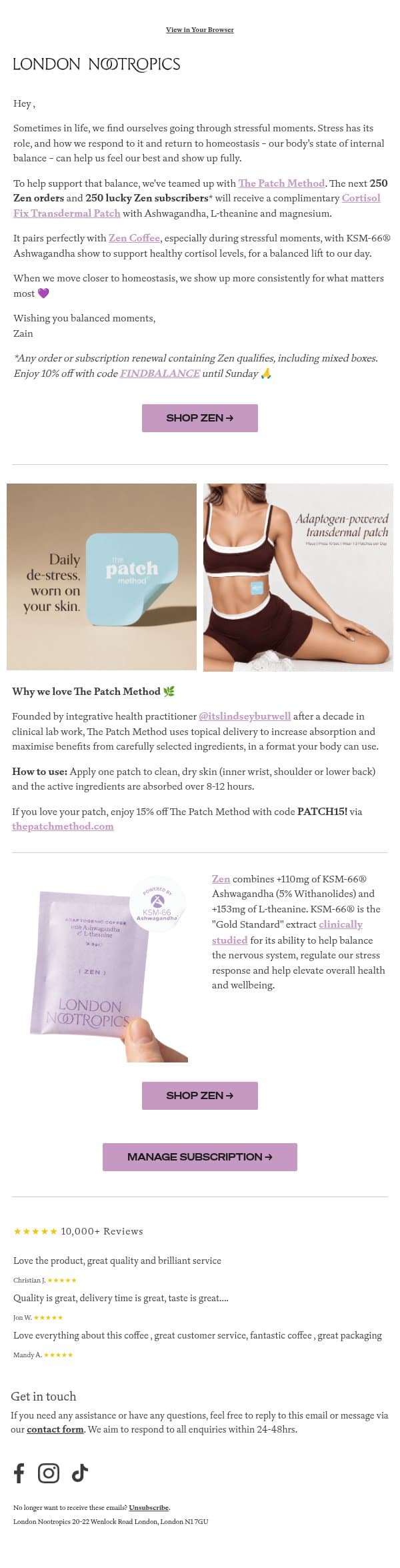 Complimentary Cortisol Fix Patch 💜 email from London Nootropics screenshot