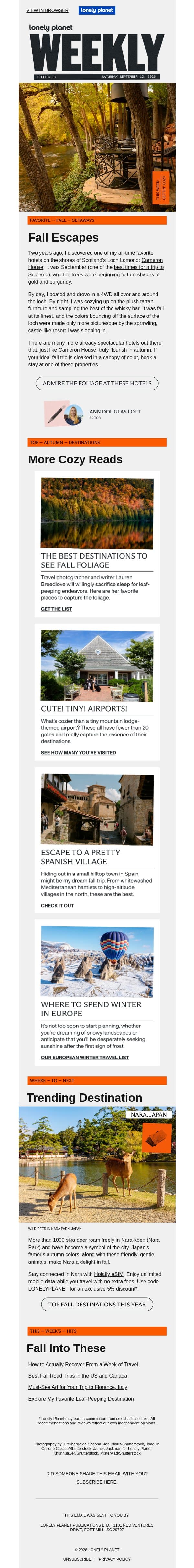 The Best Hotels to See Fall Colors email from Lonely Planet screenshot