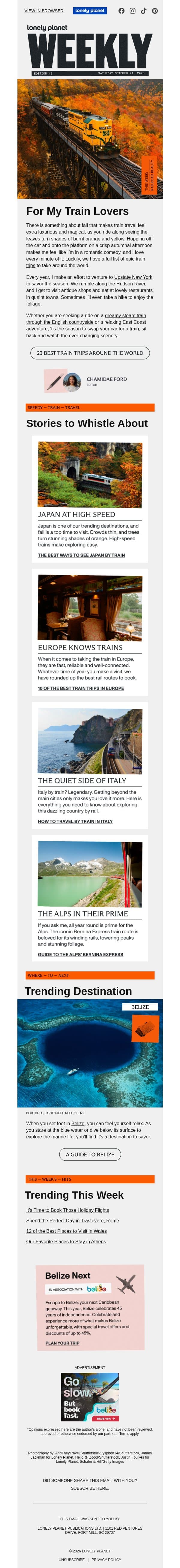 23 Train Trips to Take This Fall email from Lonely Planet screenshot