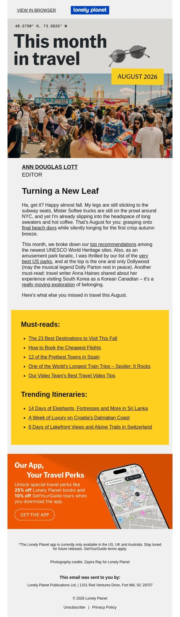 August Highlights: Cheap Flights, Long Train Trips and More email from Lonely Planet screenshot