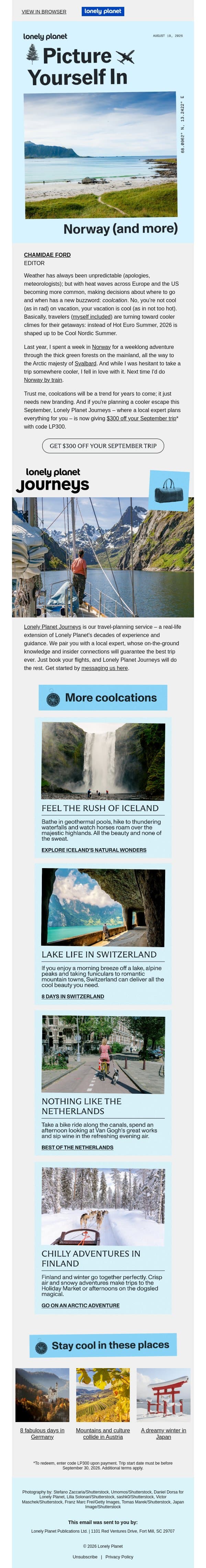 Travel's hottest trend: the coolcation email from Lonely Planet screenshot