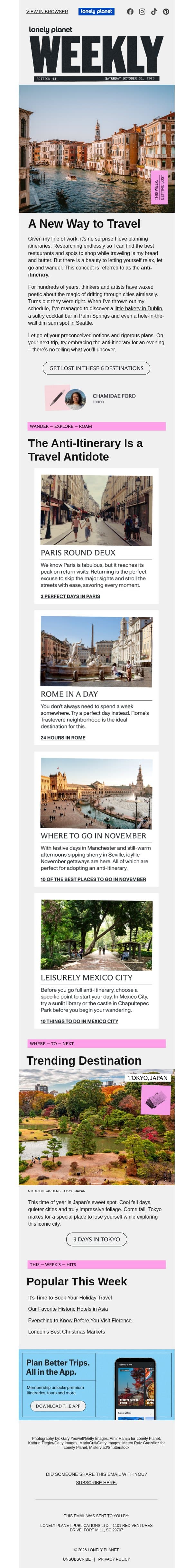 What on Earth Is Anti-Itinerary Travel? email from Lonely Planet screenshot