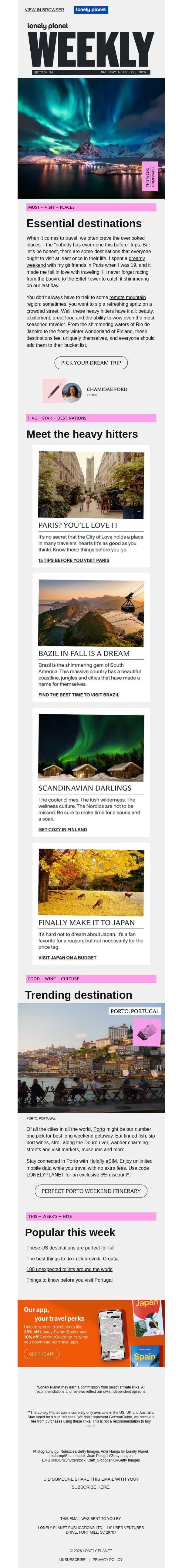 Meet the 5 destinations you need to visit email from Lonely Planet screenshot