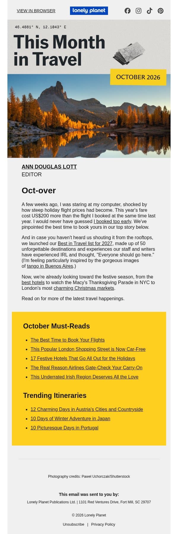 October Highlights: Holiday Flights, Festive Hotels and More email from Lonely Planet screenshot