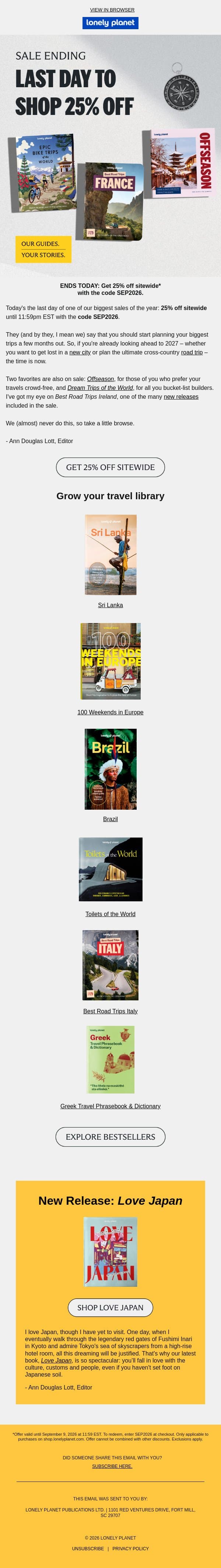 Last chance to shop 25% off sitewide email from Lonely Planet screenshot