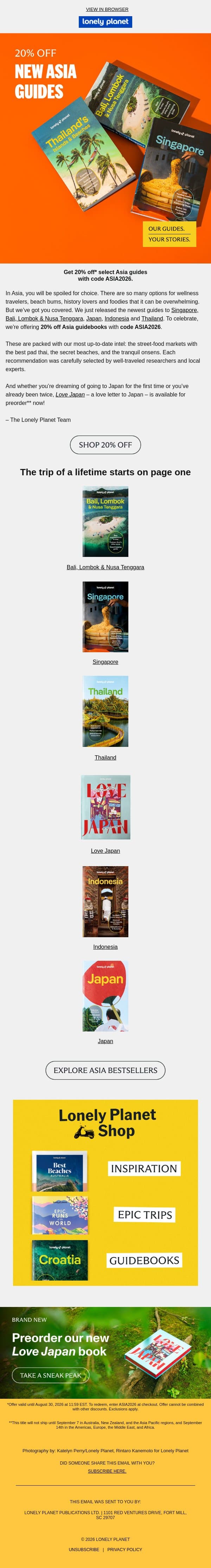 Just in: new Asia guidebooks are here email from Lonely Planet screenshot