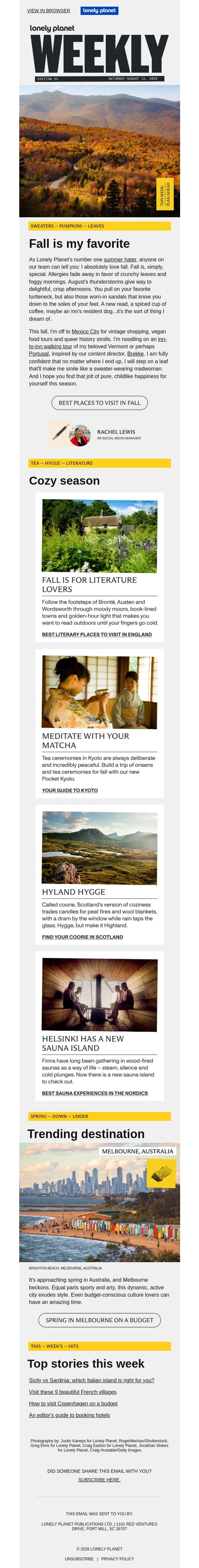 Fall trips we’re dreaming about email from Lonely Planet screenshot