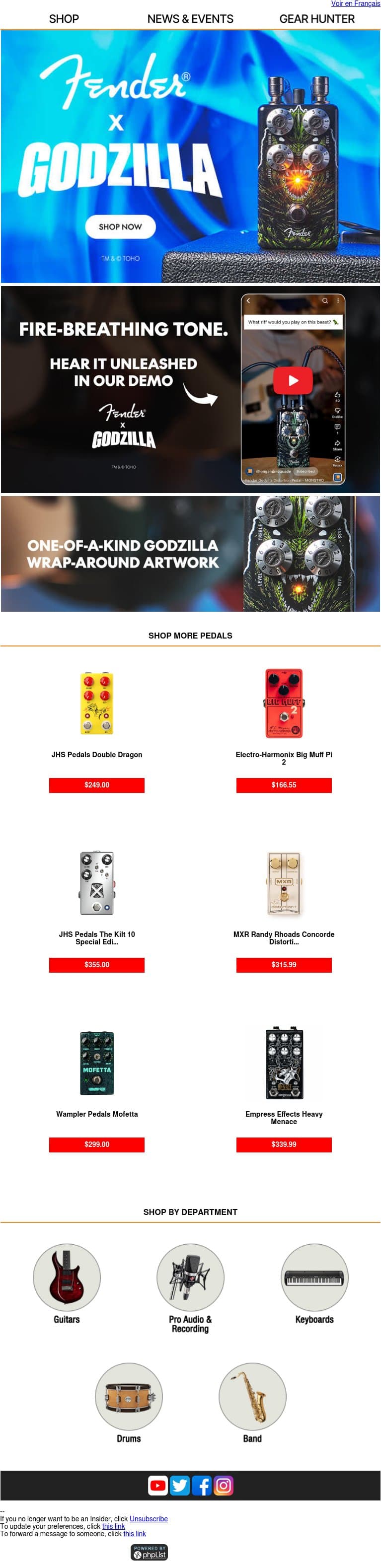Fender Godzilla Distortion - The King of Monsters Has Arrived email from Long & McQuade screenshot