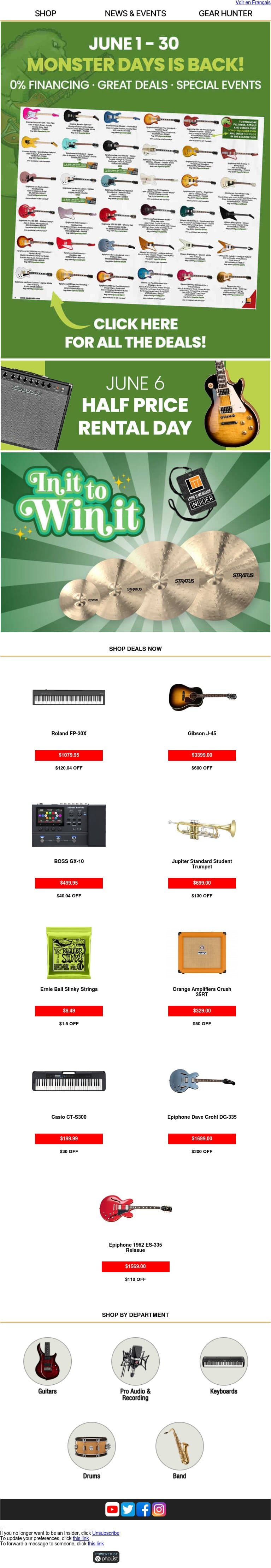 Monster Days are Back! 0% Financing, Great Deals, Special Events email from Long & McQuade screenshot