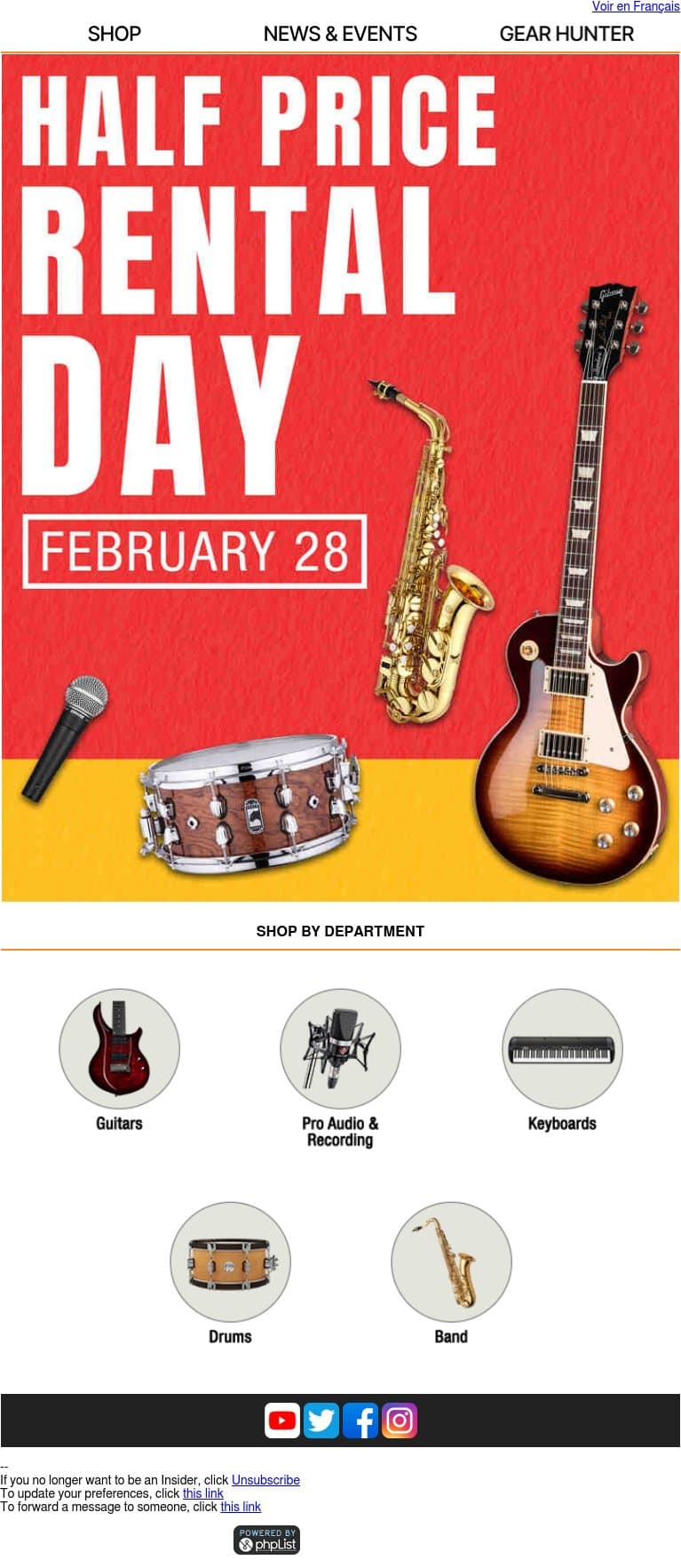 This Saturday is half price rental day at Long & McQuade! email from Long & McQuade screenshot