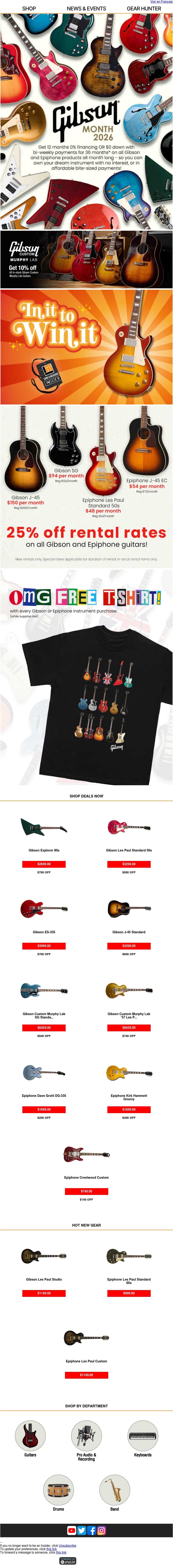April is Gibson Month at Long & McQuade! email from Long & McQuade screenshot