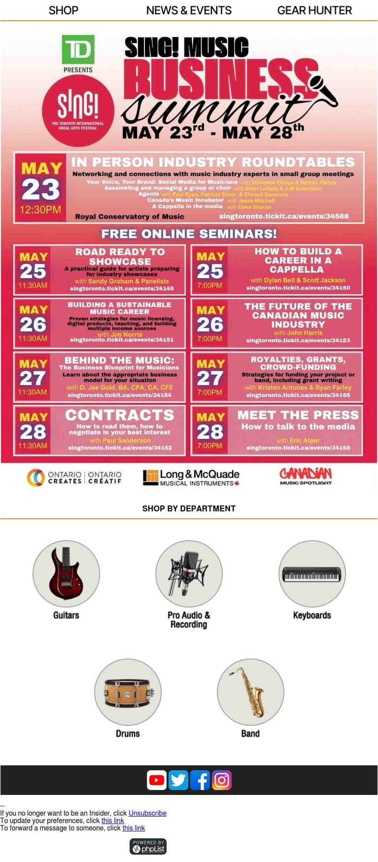 REMINDER: The SING! Music Business Summit Approaches! email from Long & McQuade screenshot