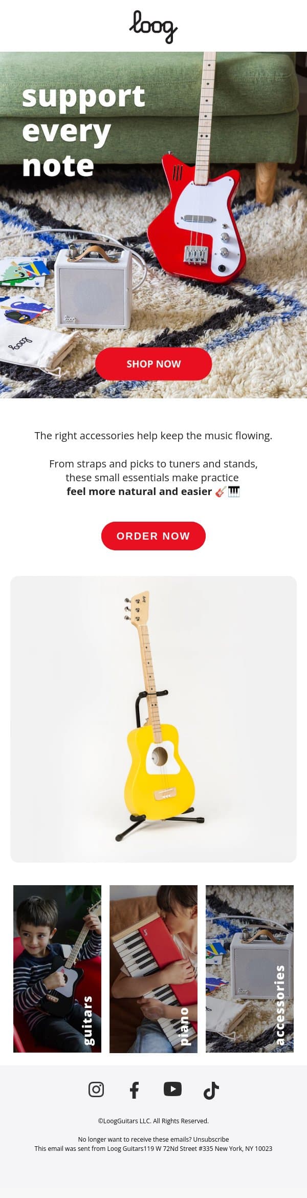 The best accessories to keep ’em playing! email from Loog Guitars screenshot