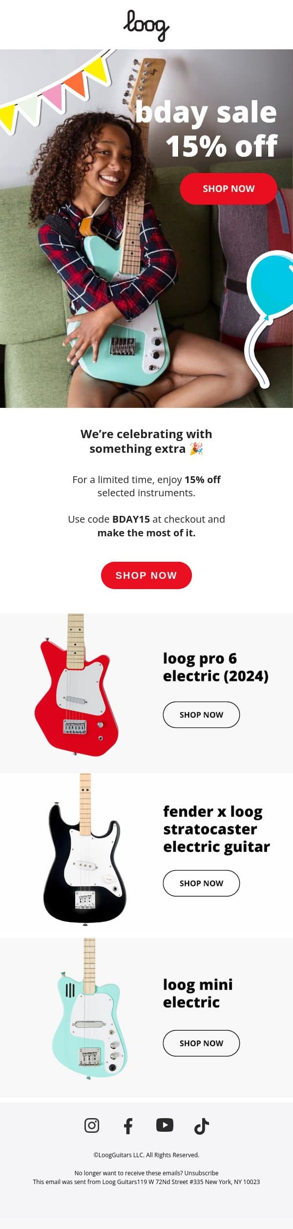 Birthday deals are here! Save big ๐ email from Loog Guitars screenshot