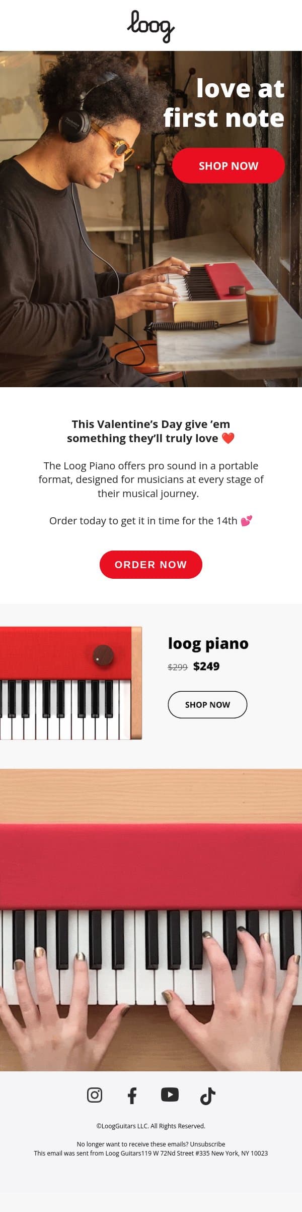 The perfect gift for Valentine’s Day 🎹❤️ email from Loog Guitars screenshot