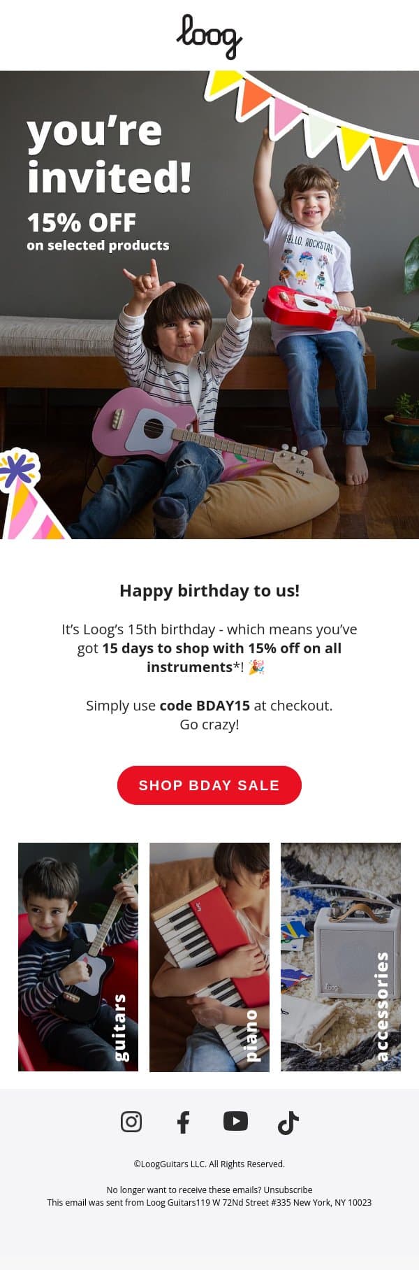 π 15% OFF on our 15th bday! email from Loog Guitars screenshot