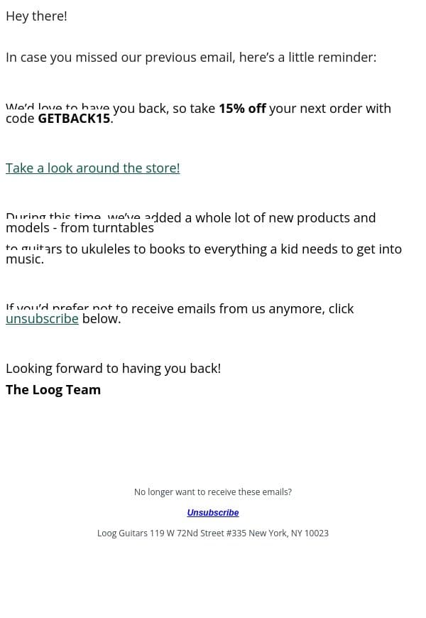 Come back and take 15% off your order email from Loog Guitars screenshot