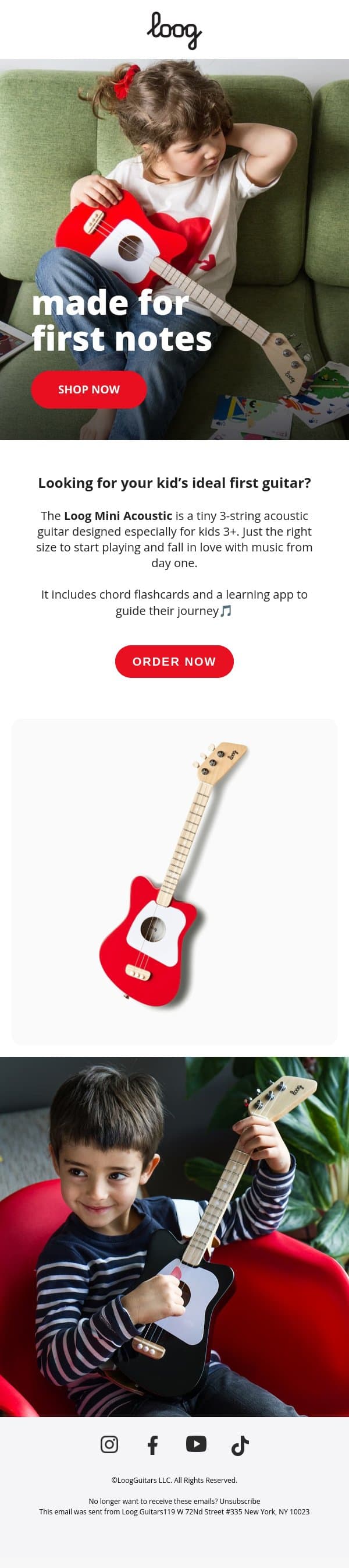 Their first guitar 🎶 email from Loog Guitars screenshot